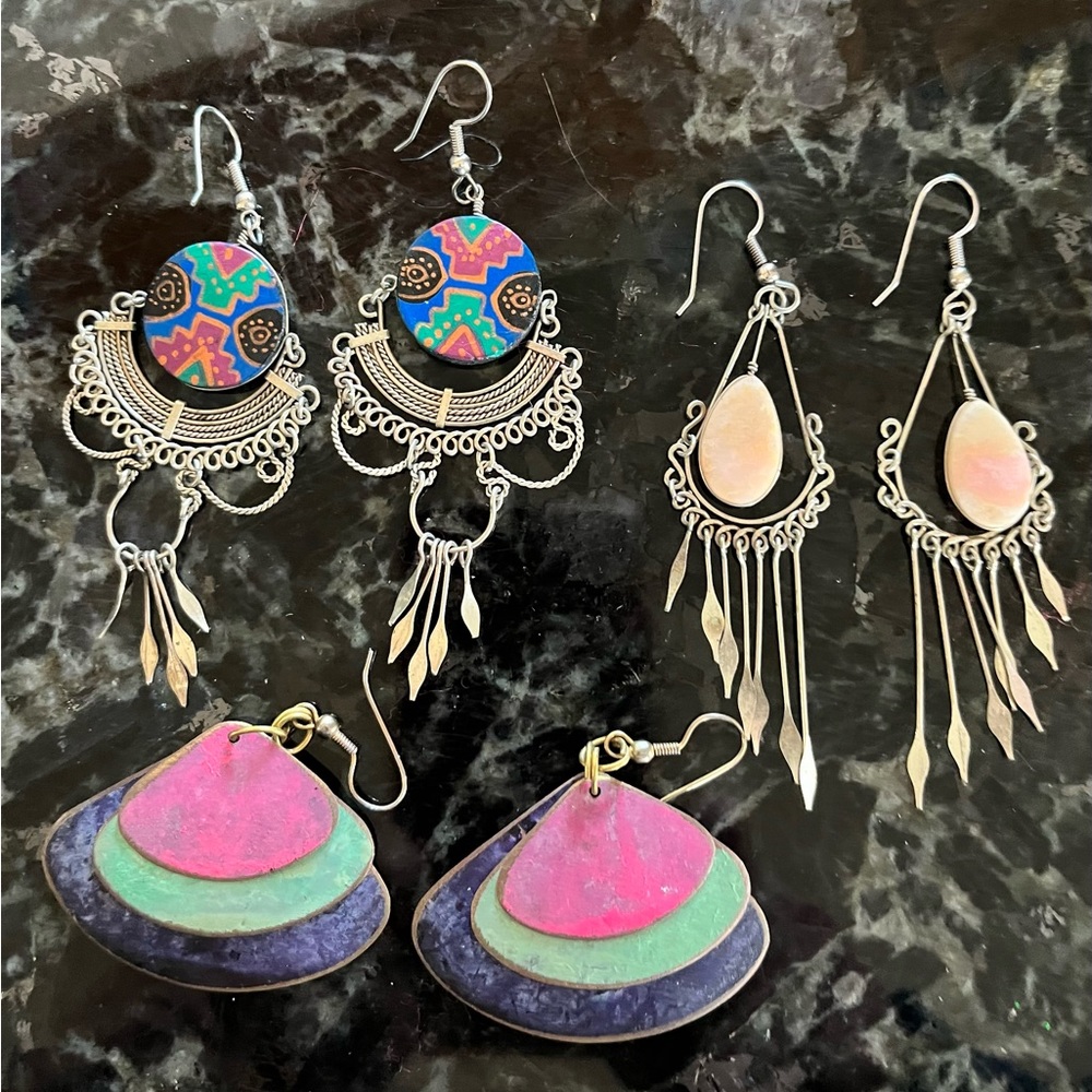 Three colorful sets of earrings